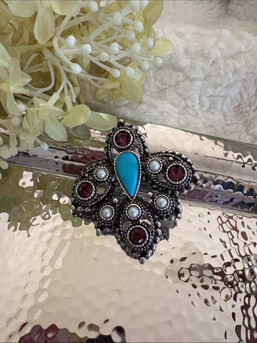 Sarah Cov Turquoise Accent Vintage-Style Statement Brooch with Garnet and Pearls